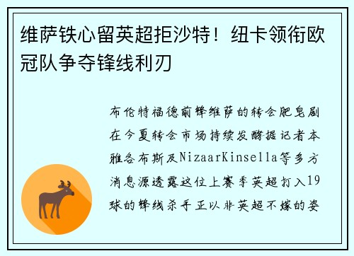 维萨铁心留英超拒沙特！纽卡领衔欧冠队争夺锋线利刃