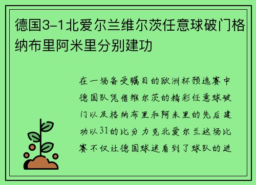 德国3-1北爱尔兰维尔茨任意球破门格纳布里阿米里分别建功